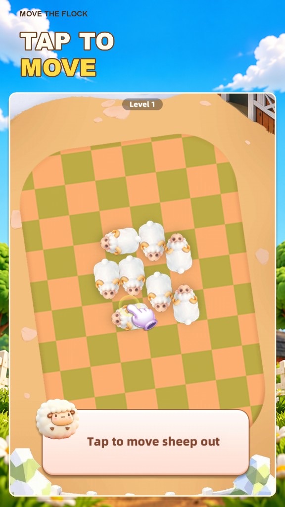 Gameplay screen: tap a sheep to move it across the checkered board